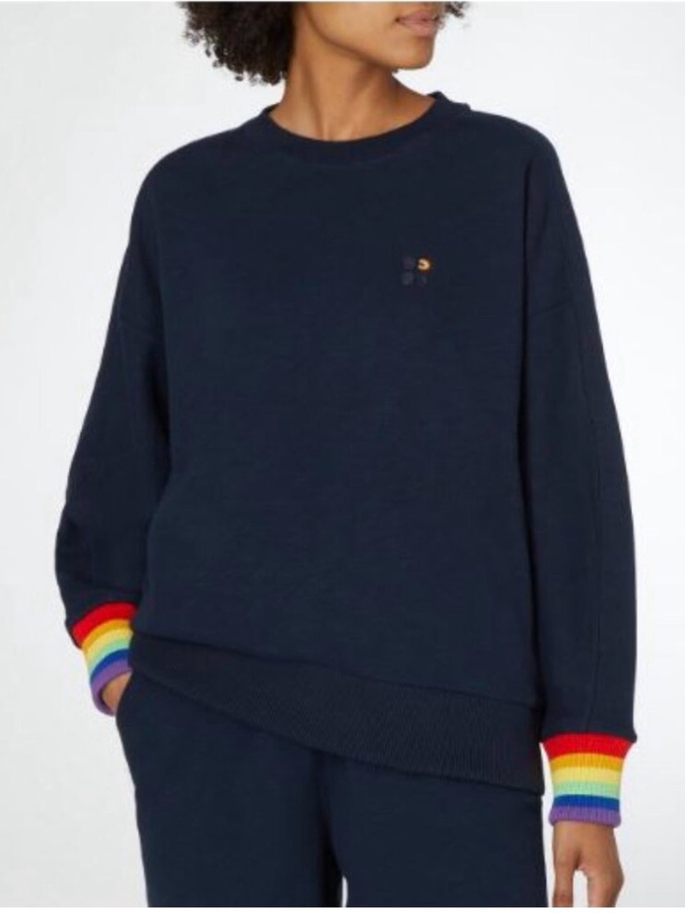 Sweaty Betty Essential Sweatshirt Rainbow Cuffs Pullover Navy 100% Cotton